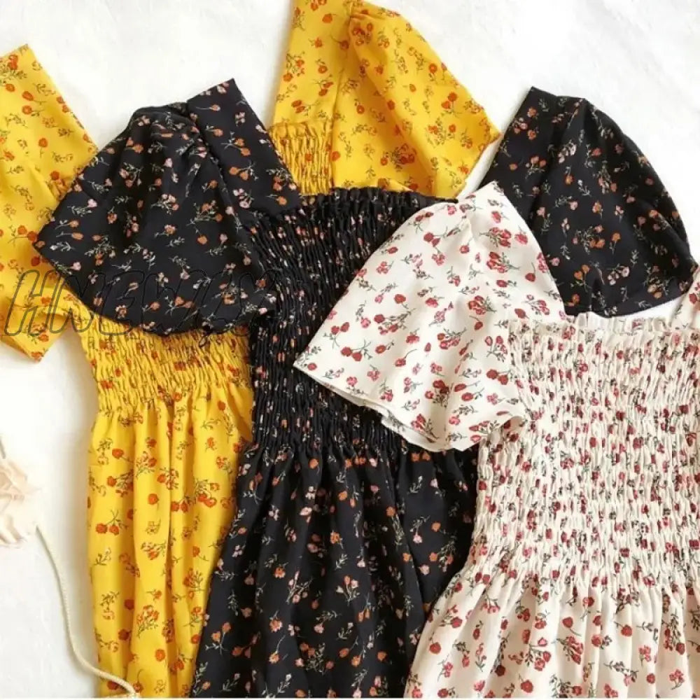 Hnewly Spring Summer Chiffon Dress Women Midi Dressesfemale Short Sleeve Elastic Waist Printed