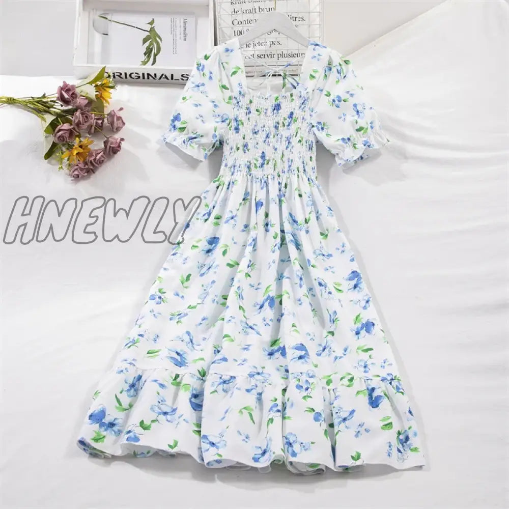 Hnewly Spring Summer Short Sleeve Chiffon Dresses Fashion Female Elastic Waist Pleated Casual Dress