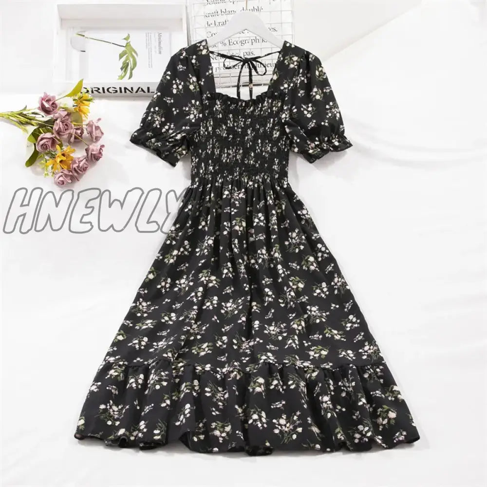 Hnewly Spring Summer Short Sleeve Chiffon Dresses Fashion Female Elastic Waist Pleated Casual Dress