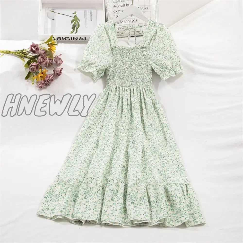 Hnewly Spring Summer Short Sleeve Chiffon Dresses Fashion Female Elastic Waist Pleated Casual Dress