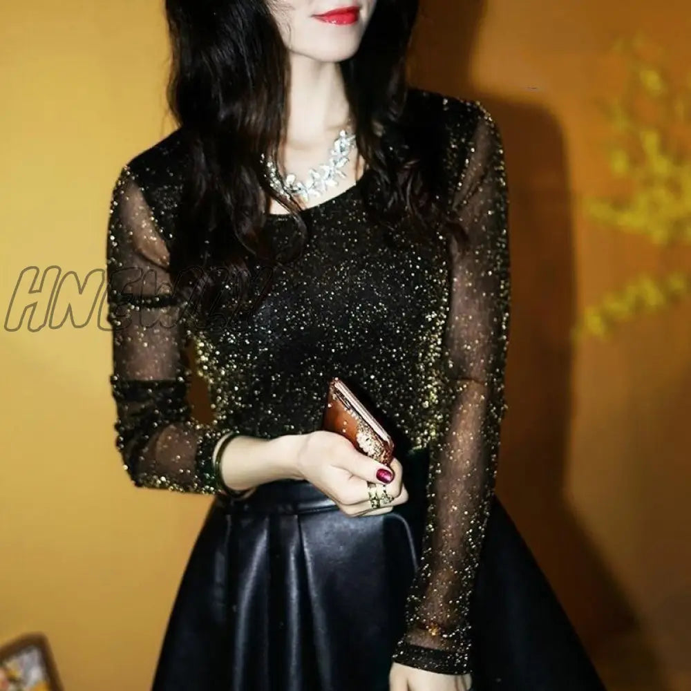 Hnewly Spring Summer Women’s Sexy See Through Mesh Long Sleeve Transparent Shining Elegant Shirt