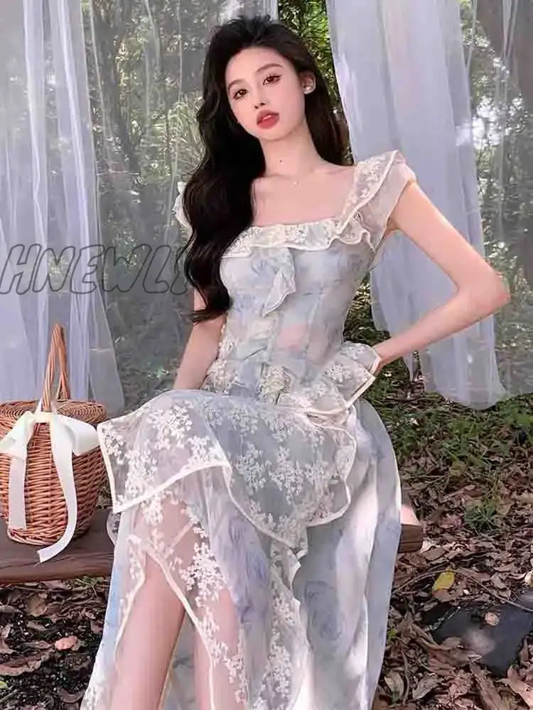 Hnewly Spring Vintage Fairy Two Piece Set Women Elegant Lace Irregular Designer Skirt Suit Female