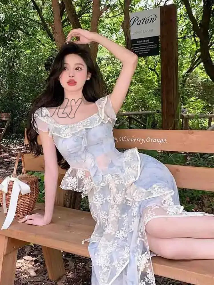 Hnewly Spring Vintage Fairy Two Piece Set Women Elegant Lace Irregular Designer Skirt Suit Female