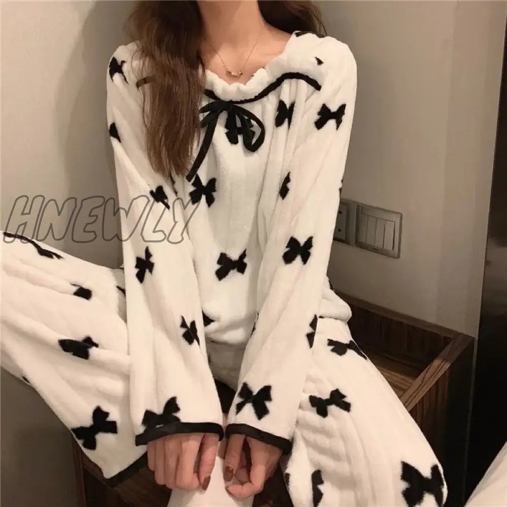 Hnewly Square Collar Women Pajamas Set Winter Sleepwear Fleece Velvet 2 Piece Pant Home Suit Fluffy