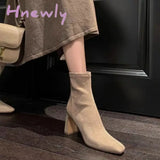 Hnewly Square Toe Thick Heel Women’s Korean Fashion Short-Tube High-Heeled Suede Socks Boots