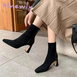 Hnewly Square Toe Thick Heel Women's Korean Fashion Short-tube High-heeled Suede Socks Boots Elastic Slim Boots