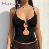 Hnewly Straps Solid Crop Top Tshirt Summer Sexy Hollow Out Vest Women Streetwear Y2K Party Club Camis Female