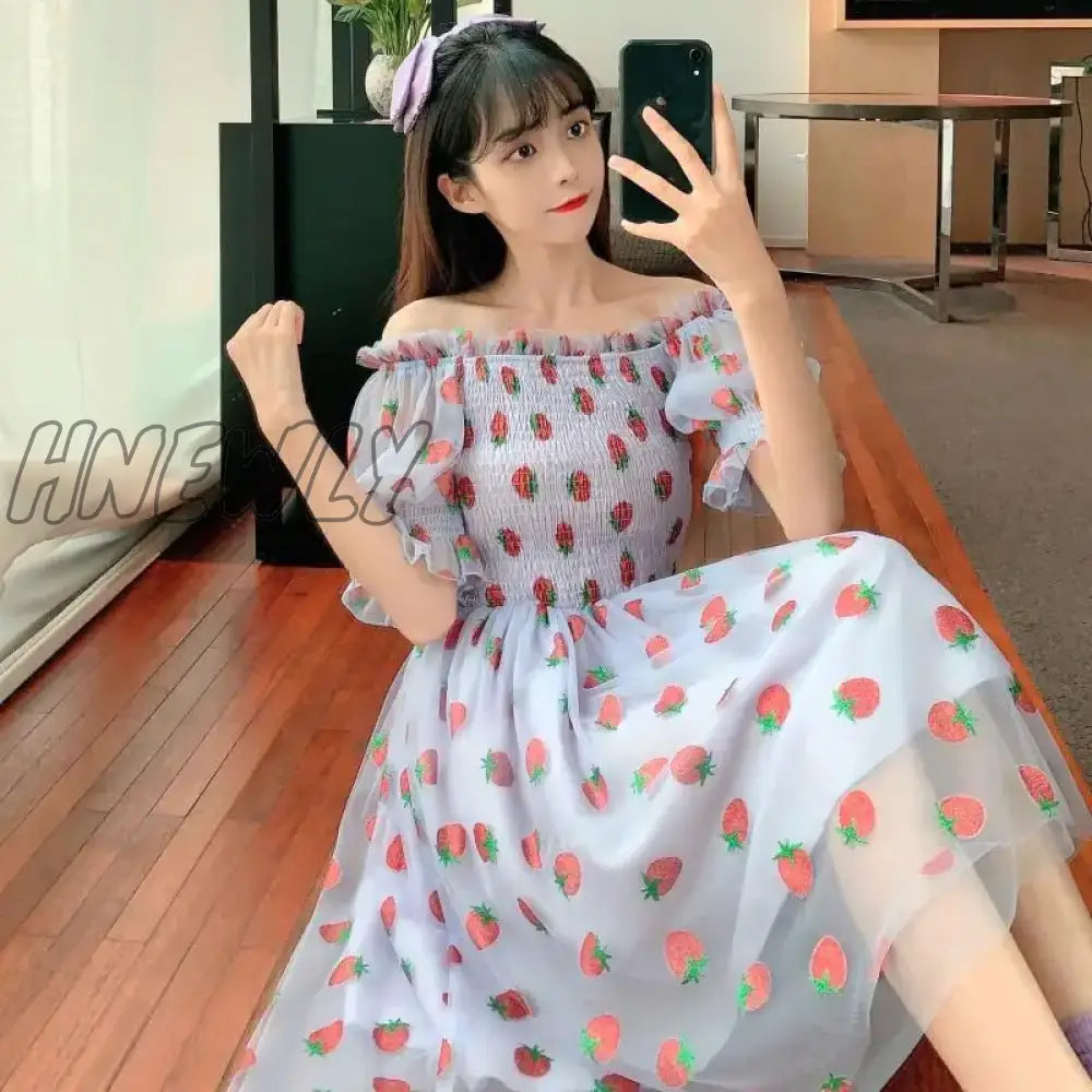 Hnewly Strawberry Dress Women French Style Lace Chiffon Sweet Casual Puff Sleeve Elegant Printed