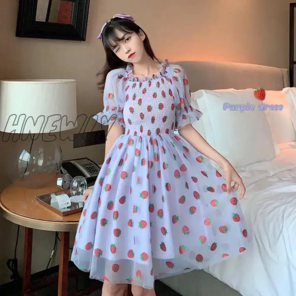 Hnewly Strawberry Dress Women French Style Lace Chiffon Sweet Casual Puff Sleeve Elegant Printed