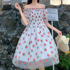Hnewly Strawberry Dress Women French Style Lace Chiffon Sweet Casual Puff Sleeve Elegant Printed
