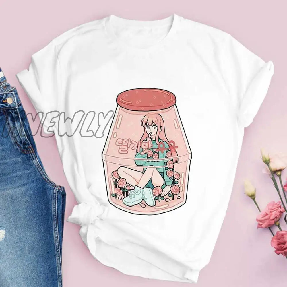 Hnewly Strawberry Juice Graphic Print T-Shirt Women Harajuku Aesthetic White Tops Tshirt Tee New
