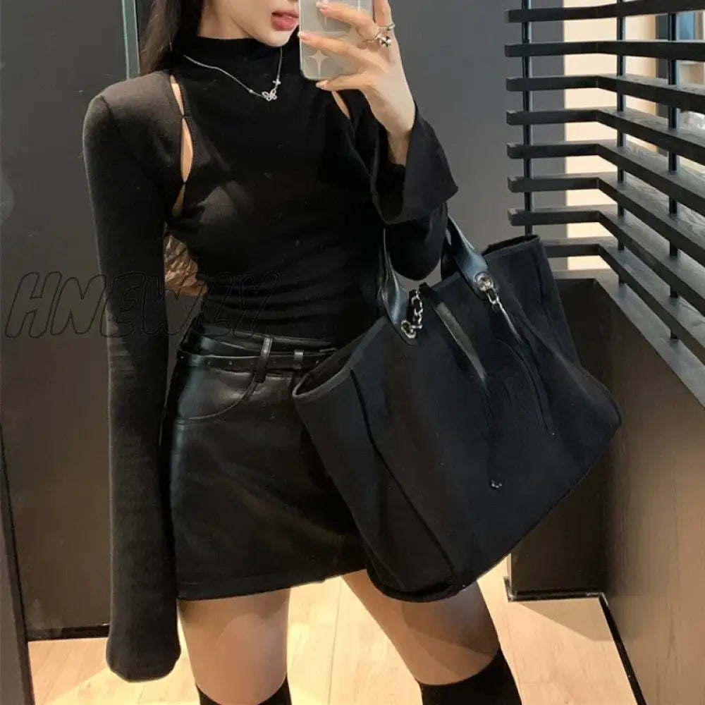 Hnewly Streetwear Half High Neck Hollow Sexy Slim Long-Sleeved T-Shirt Women Winter New Solid Color