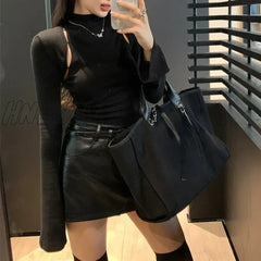 Hnewly Streetwear Half High Neck Hollow Sexy Slim Long-Sleeved T-Shirt Women Winter New Solid Color