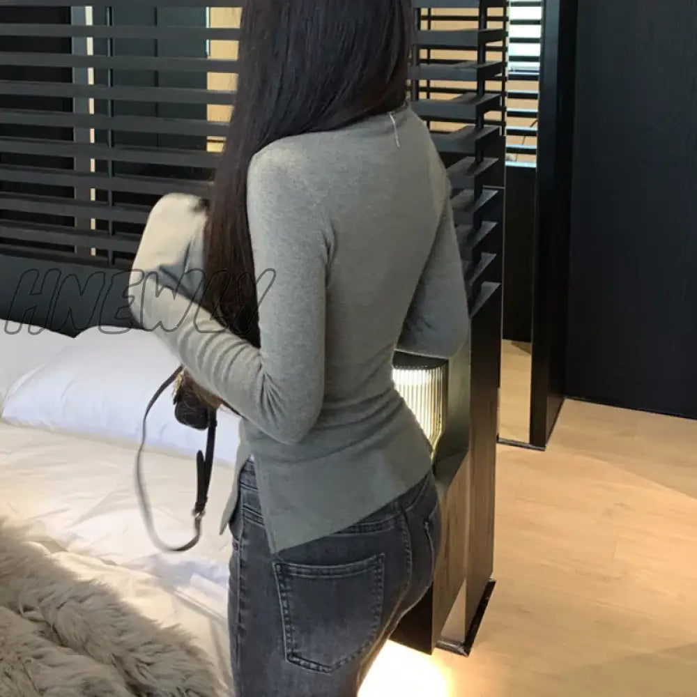 Hnewly Streetwear Half High Neck Hollow Sexy Slim Long-Sleeved T-Shirt Women Winter New Solid Color