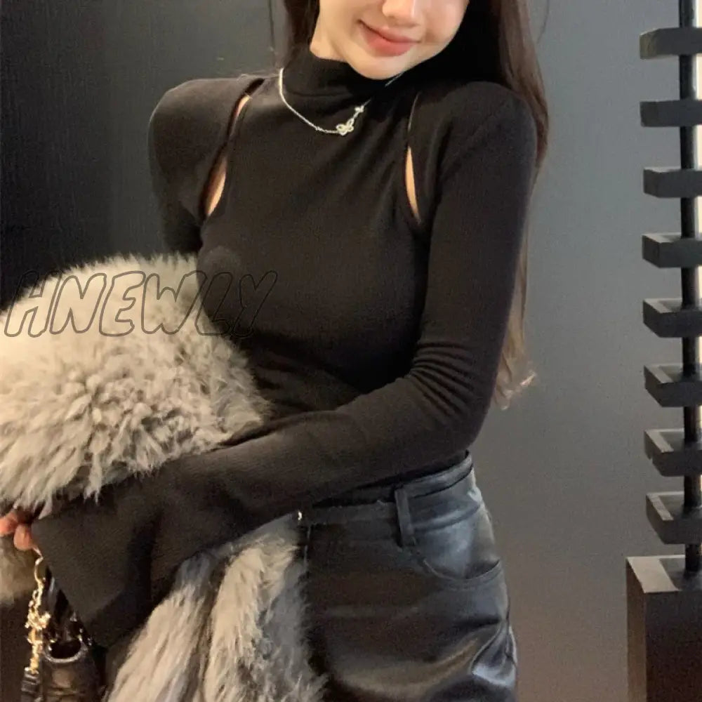 Hnewly Streetwear Half High Neck Hollow Sexy Slim Long-Sleeved T-Shirt Women Winter New Solid Color