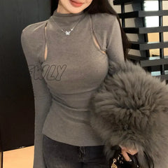 Hnewly Streetwear Half High Neck Hollow Sexy Slim Long-Sleeved T-Shirt Women Winter New Solid Color