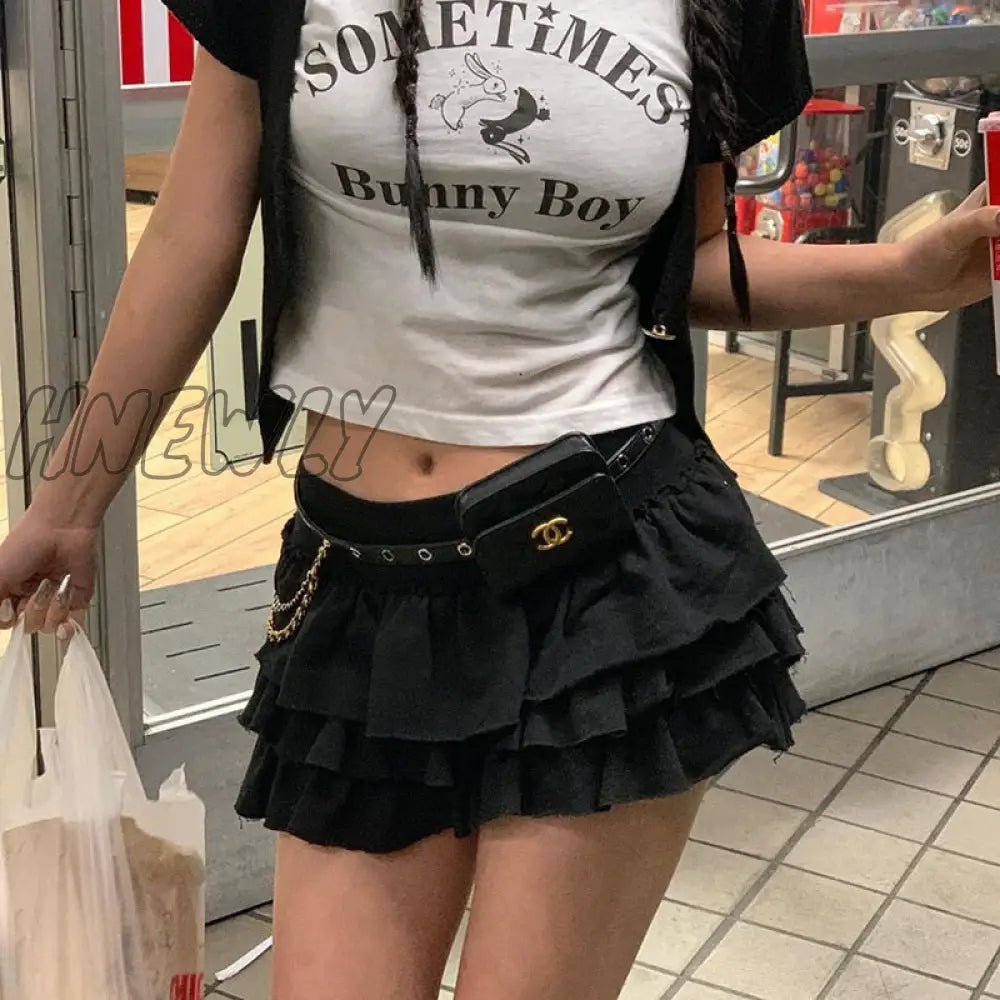 Hnewly Streetwear Y2K Pleated Skirt Women Elastic Waist A-Line Ruffles Cute Sexy Layered Mini Cake