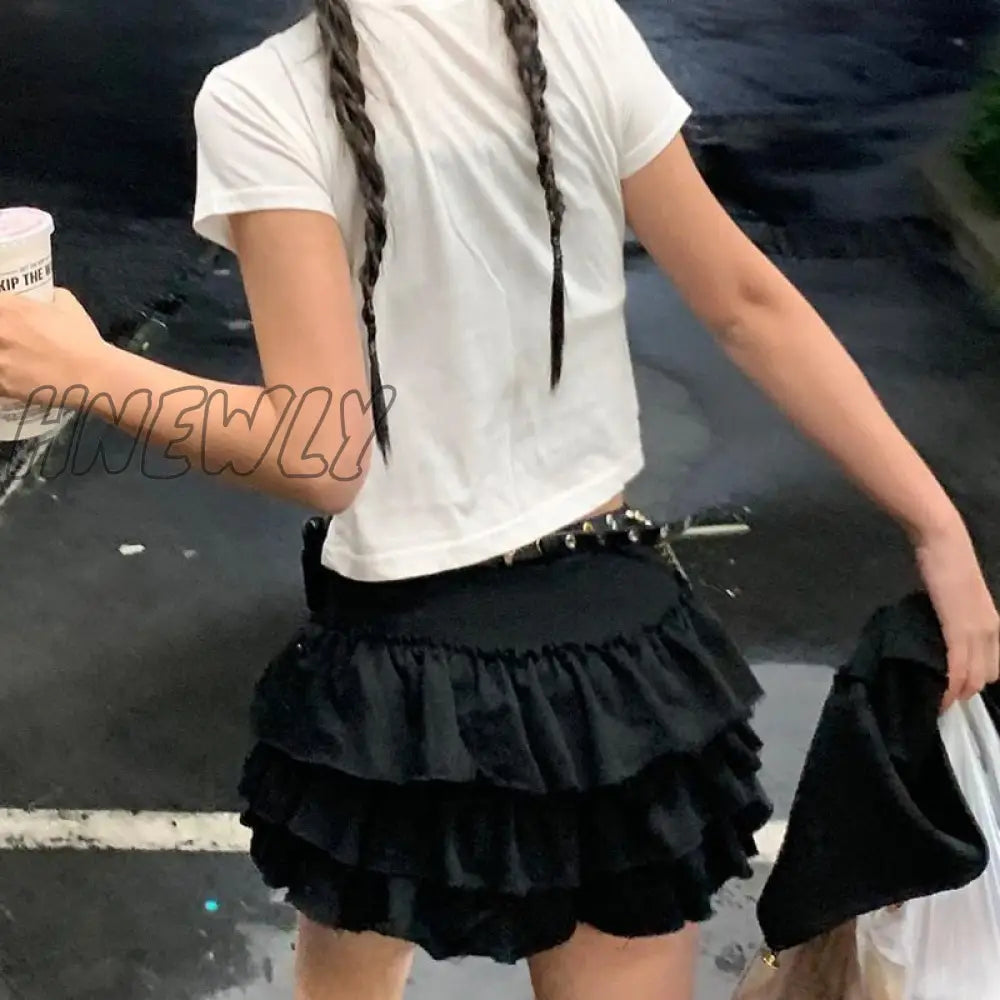 Hnewly Streetwear Y2K Pleated Skirt Women Elastic Waist A-Line Ruffles Cute Sexy Layered Mini Cake