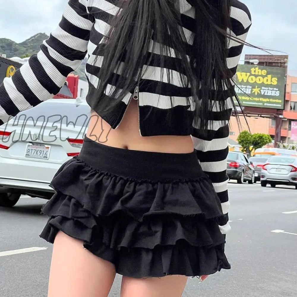Hnewly Streetwear Y2K Pleated Skirt Women Elastic Waist A-Line Ruffles Cute Sexy Layered Mini Cake