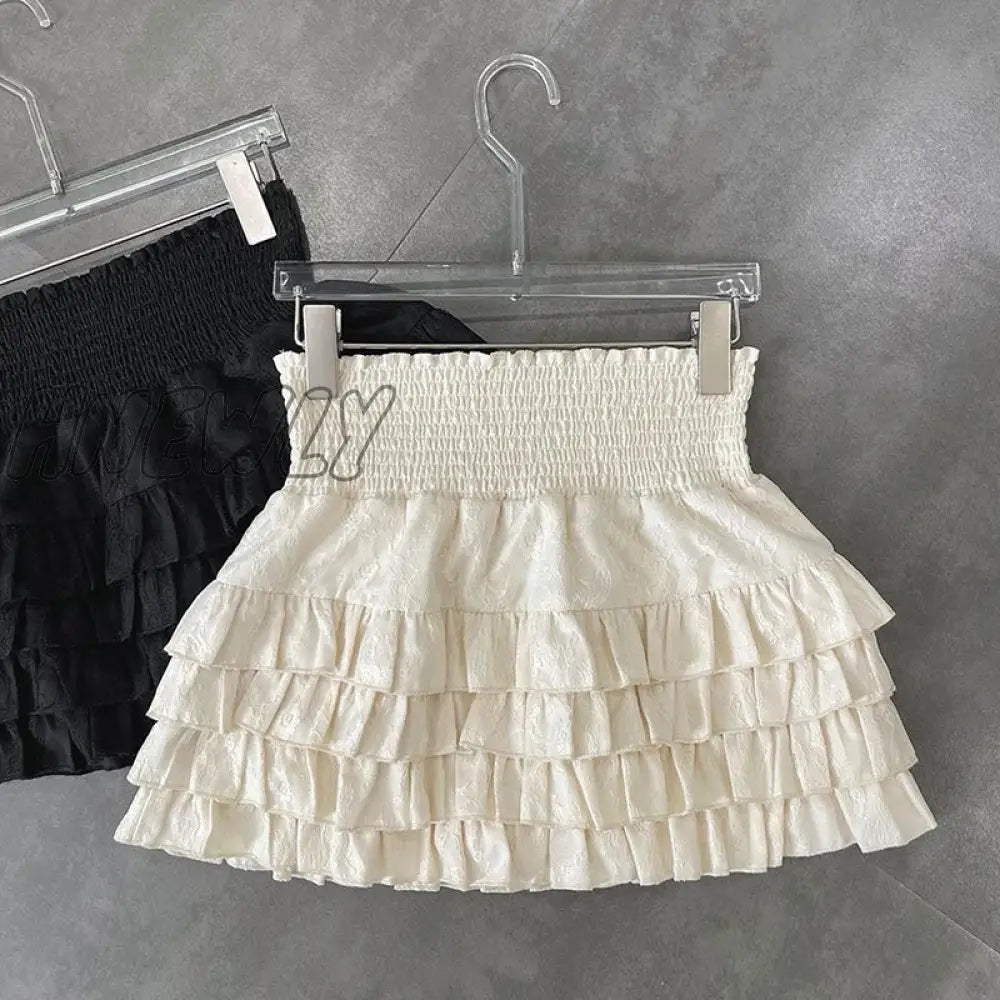 Hnewly Streetwear Y2K Ruffles Mini Skirts Women Sweet Kawaii High Waist Lace A Line Skirt Summer