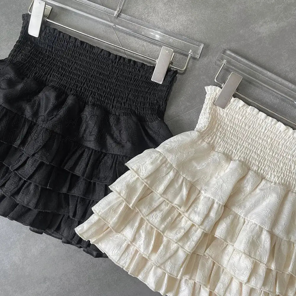 Hnewly Streetwear Y2K Ruffles Mini Skirts Women Sweet Kawaii High Waist Lace A Line Skirt Summer