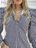 Hnewly Striped Button Design Puffed Sleeve Shirt Dress Women Casual Work
