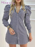Hnewly Striped Button Design Puffed Sleeve Shirt Dress Women Casual Work Blue / S