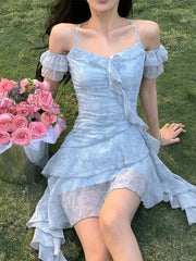 Hnewly Summer Beach Style Flroal Dress Woman Chiffon Sweet Elegant Princess Korean Fashion Short