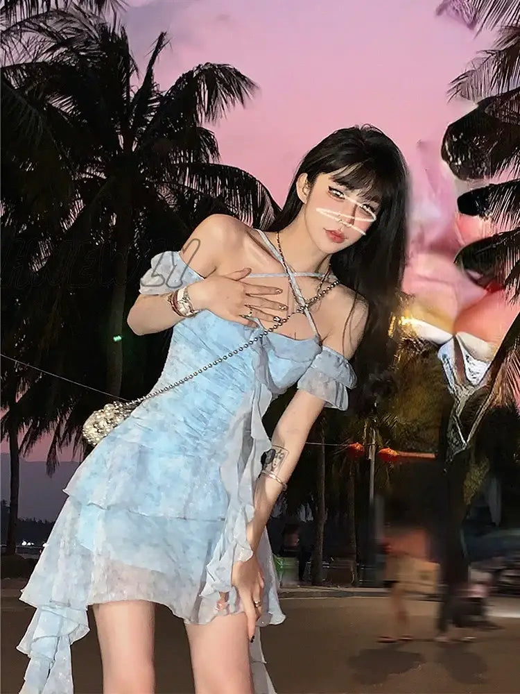 Hnewly Summer Beach Style Flroal Dress Woman Chiffon Sweet Elegant Princess Korean Fashion Short