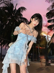 Hnewly Summer Beach Style Flroal Dress Woman Chiffon Sweet Elegant Princess Korean Fashion Short