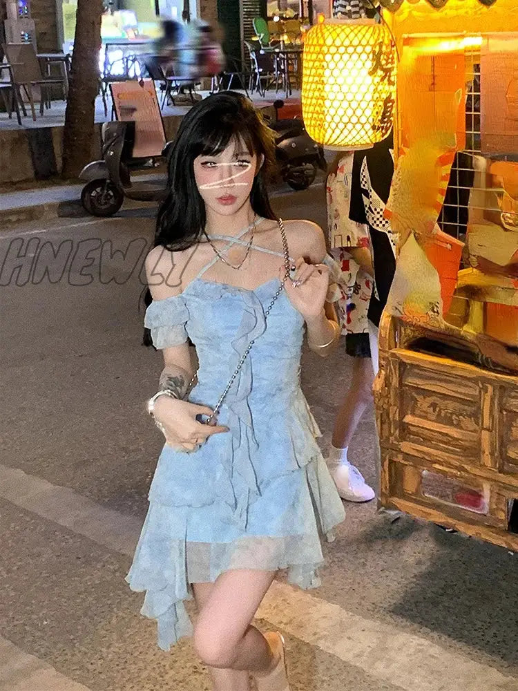 Hnewly Summer Beach Style Flroal Dress Woman Chiffon Sweet Elegant Princess Korean Fashion Short