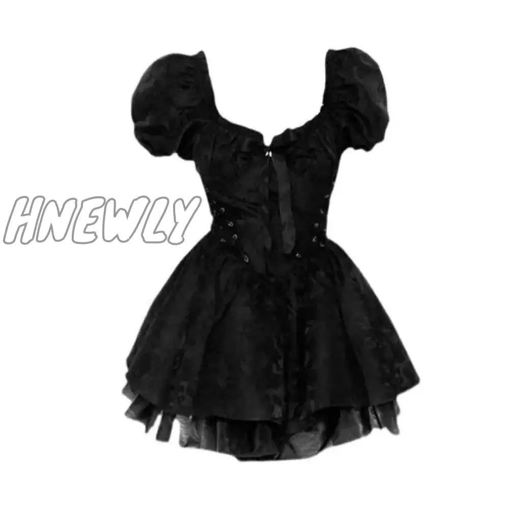 Hnewly Summer Black Gothic Mini Dress Women Short Sleeve Even Party Female Casual Bodycon Lace