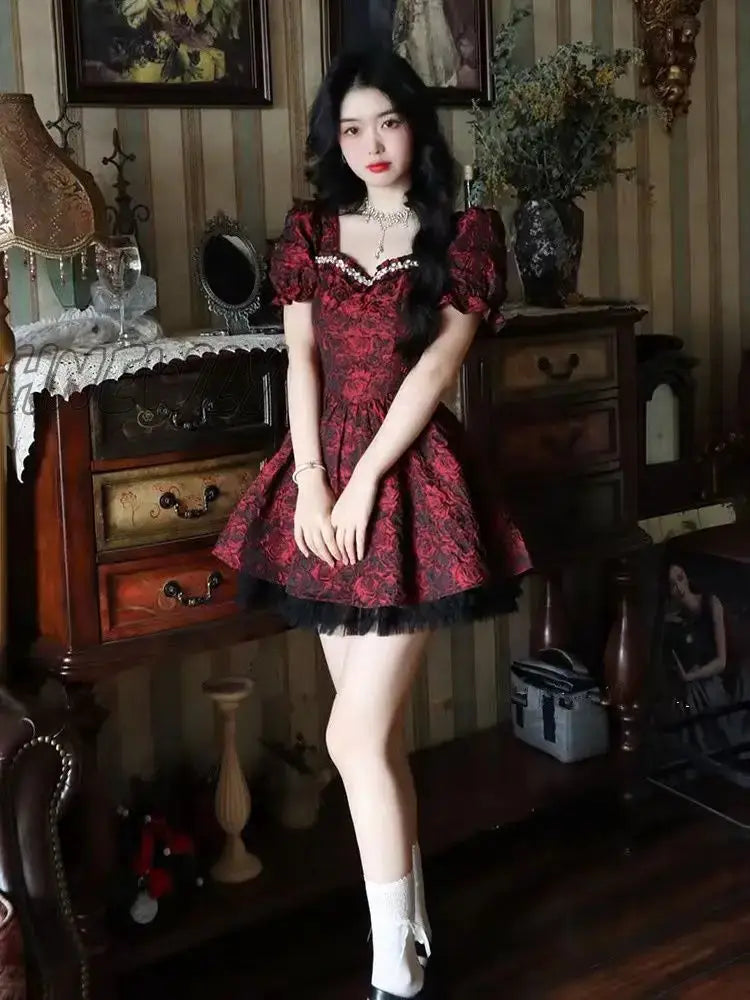 Summer Bow Kawaii Floral Dress Women Patchwork Lace Y2K Party Mini Female Casual Korean Fashion