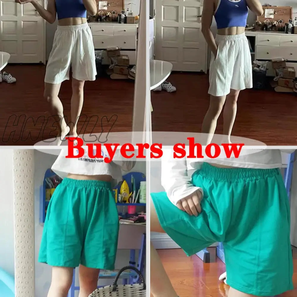Hnewly Summer Casual Shorts Women Solid Color Elastic Waist Wide Leg Woman Blue Green Black Loose