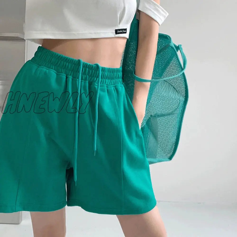 Hnewly Summer Casual Shorts Women Solid Color Elastic Waist Wide Leg Woman Blue Green Black Loose