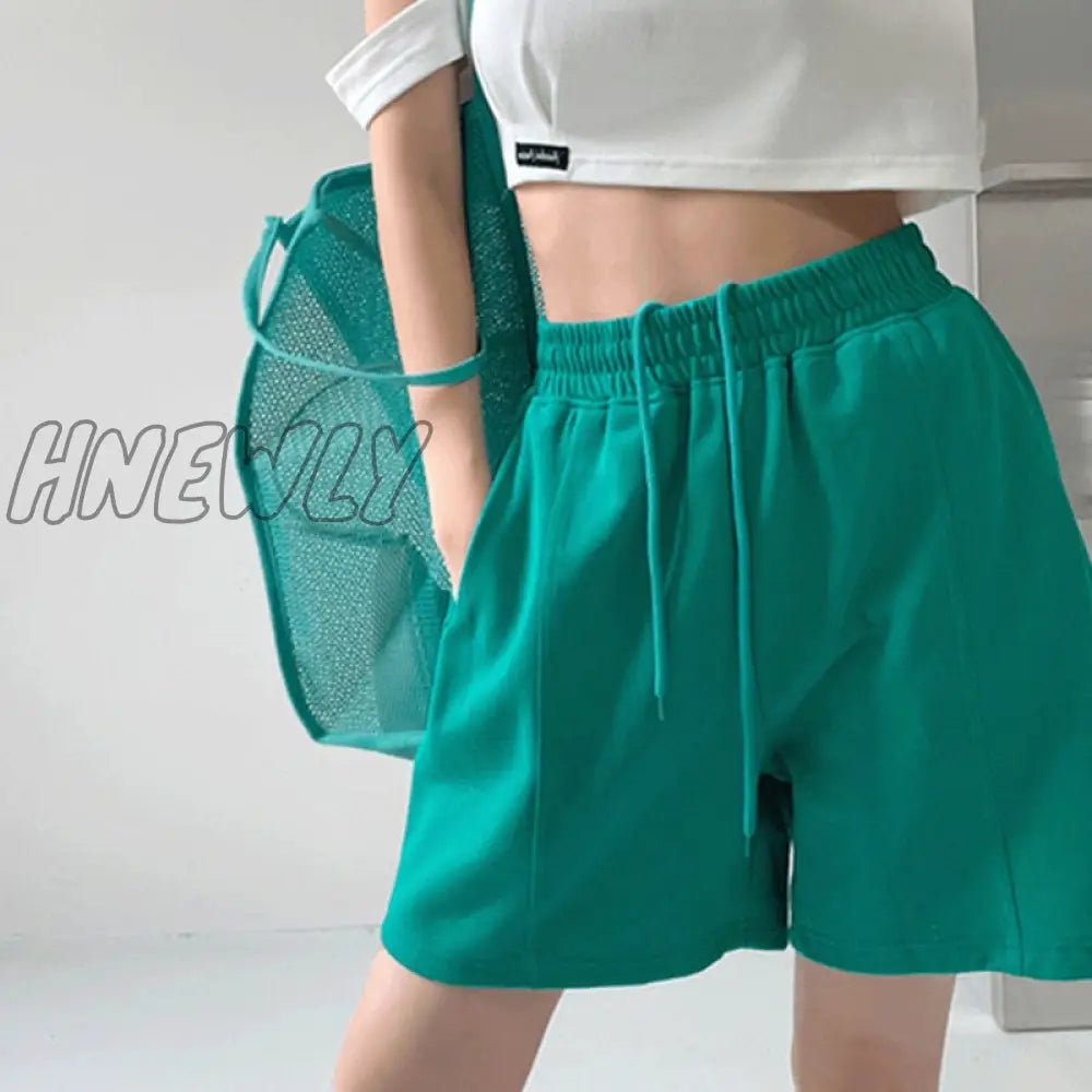 Hnewly Summer Casual Shorts Women Solid Color Elastic Waist Wide Leg Woman Blue Green Black Loose
