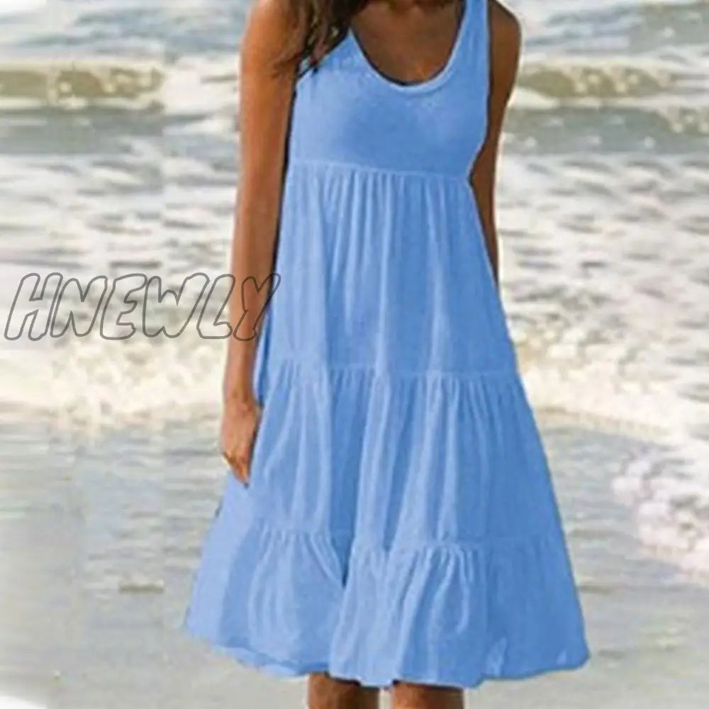 Hnewly Summer Casual Sweet Spaghetti Strap White Dress New Ladies V Neck Knee Length Big Swing