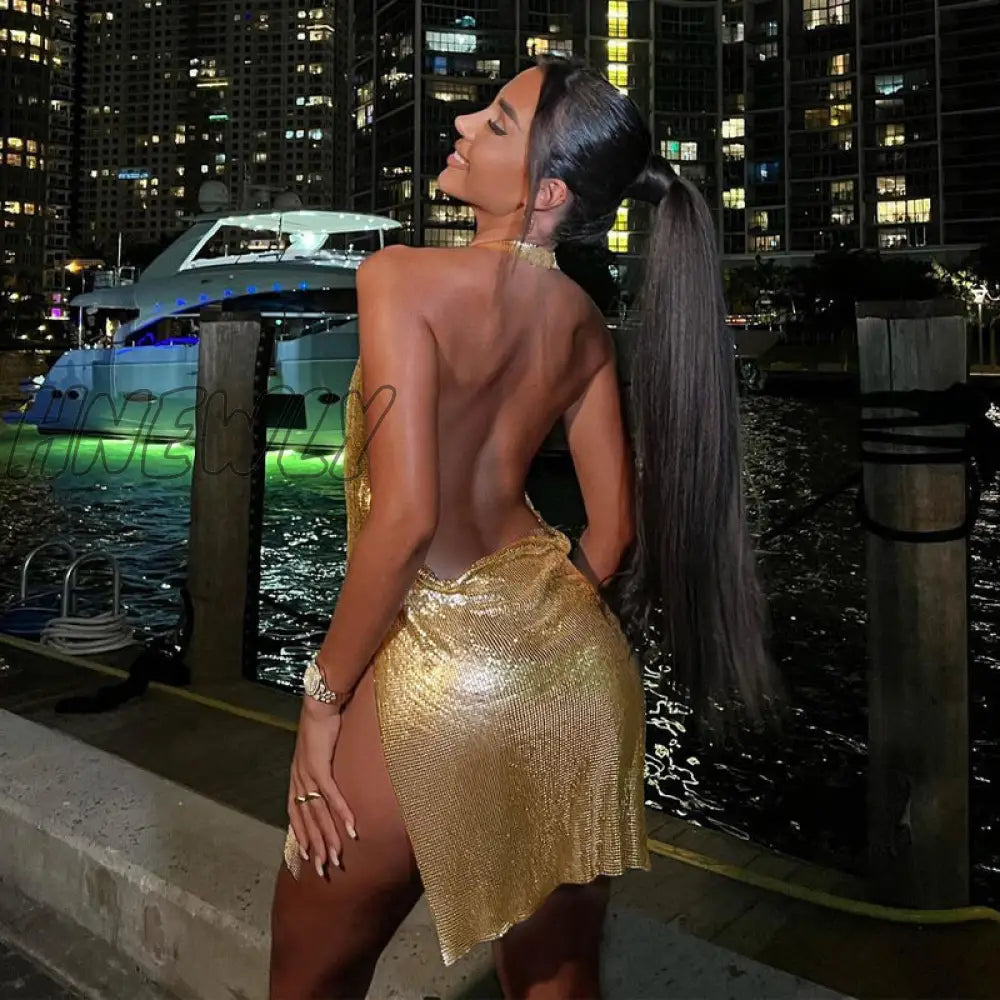 Hnewly Summer Clothes Bling Glitter Women Halter Mini Dress Side Slit Backless Bodycon Sexy