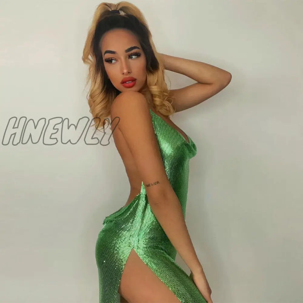 Hnewly Summer Clothes Bling Glitter Women Halter Mini Dress Side Slit Backless Bodycon Sexy