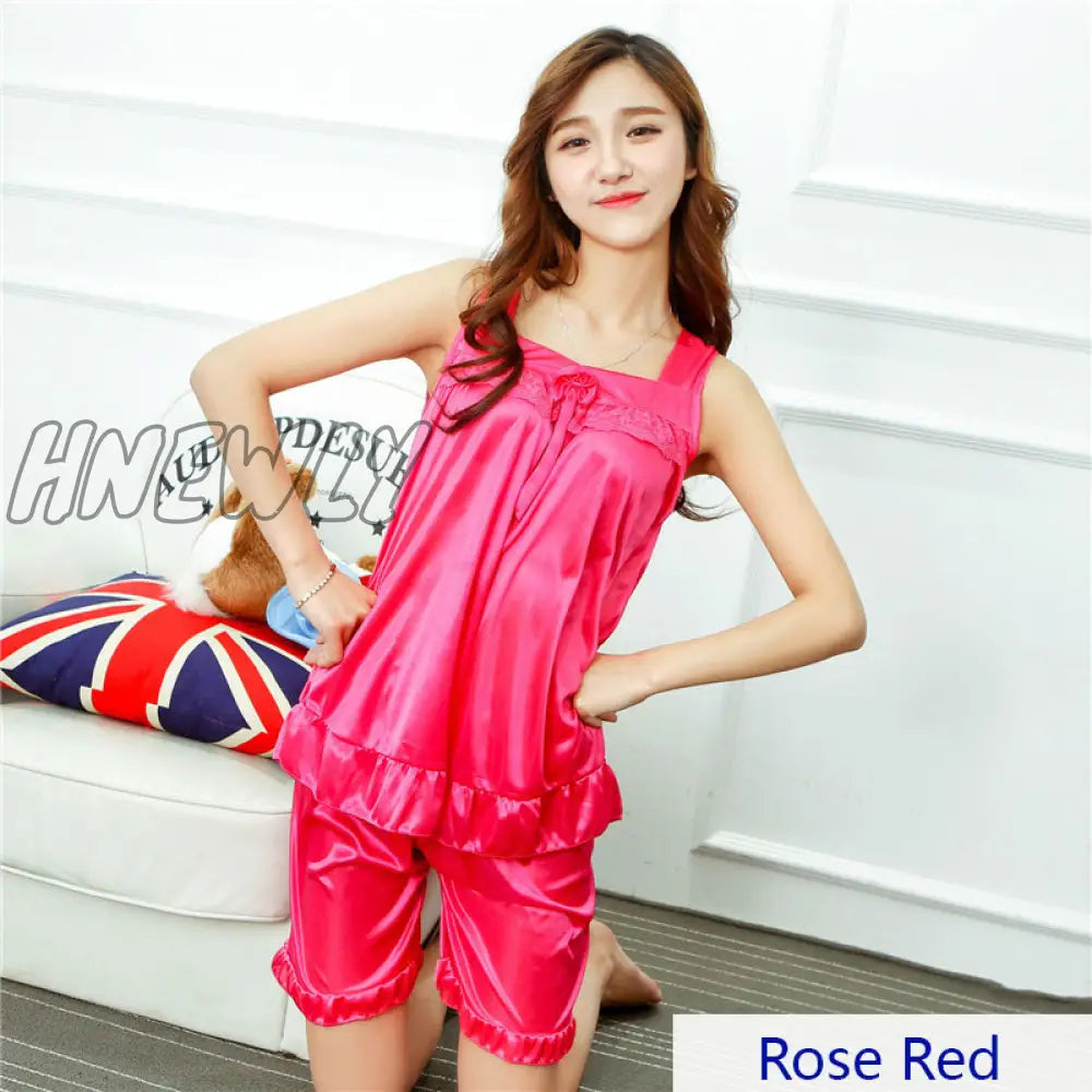 Hnewly Summer Cooling Women Faux Silk Satin Sexy Night Sleepwear Female Pajamas Set With Shorts