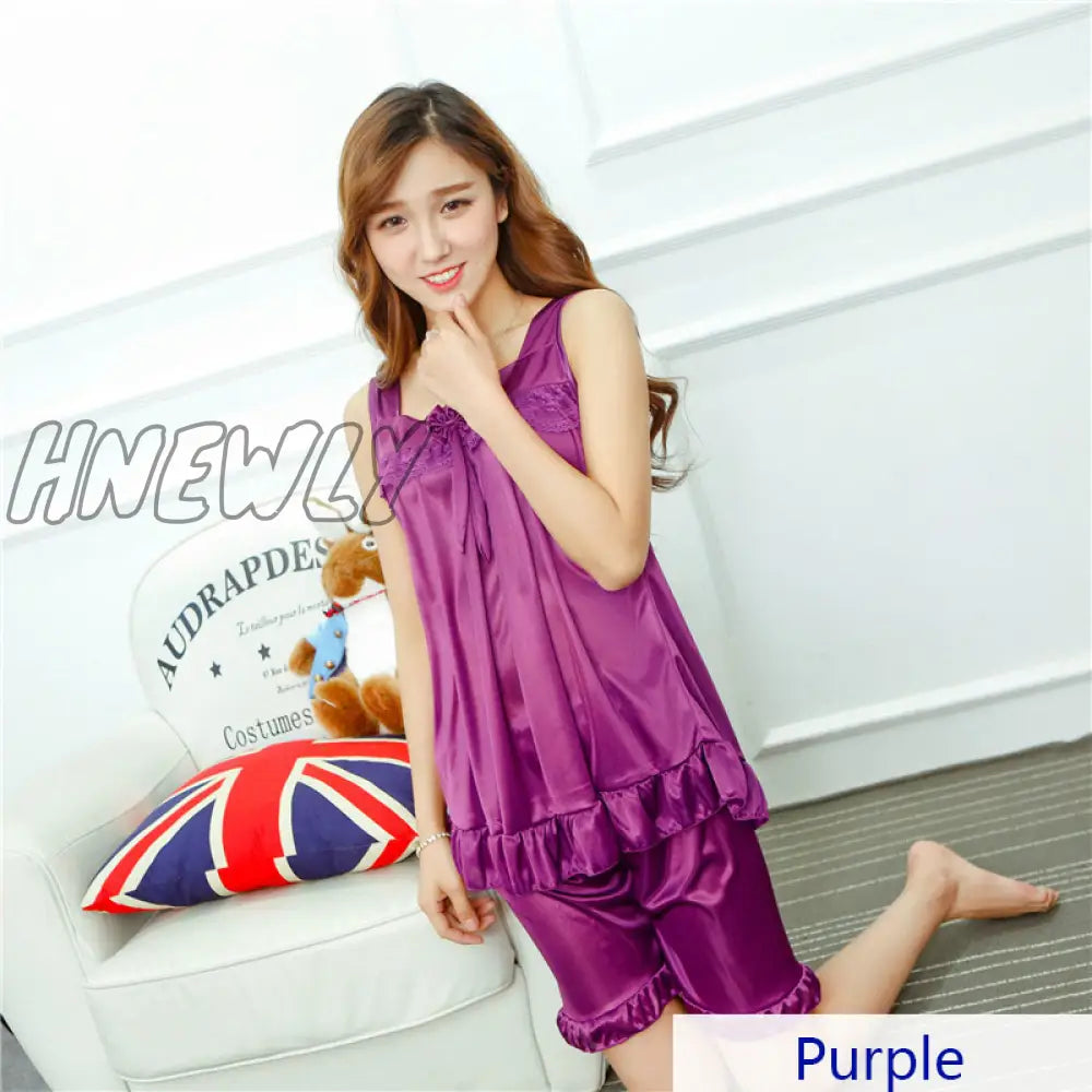 Hnewly Summer Cooling Women Faux Silk Satin Sexy Night Sleepwear Female Pajamas Set With Shorts
