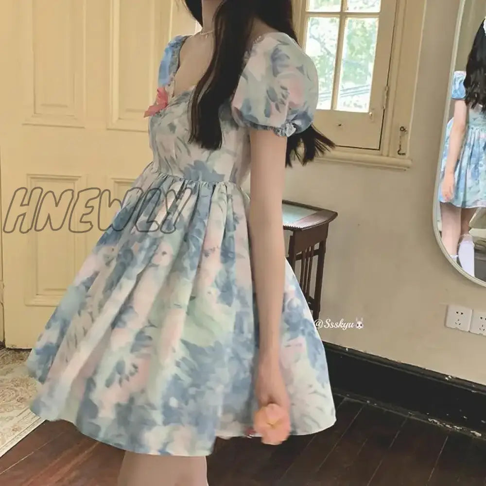 Hnewly Summer Cute Sweet Puff Sleeve Lolita A Line Mini Dresses For Women Tie Dye One Word Collar