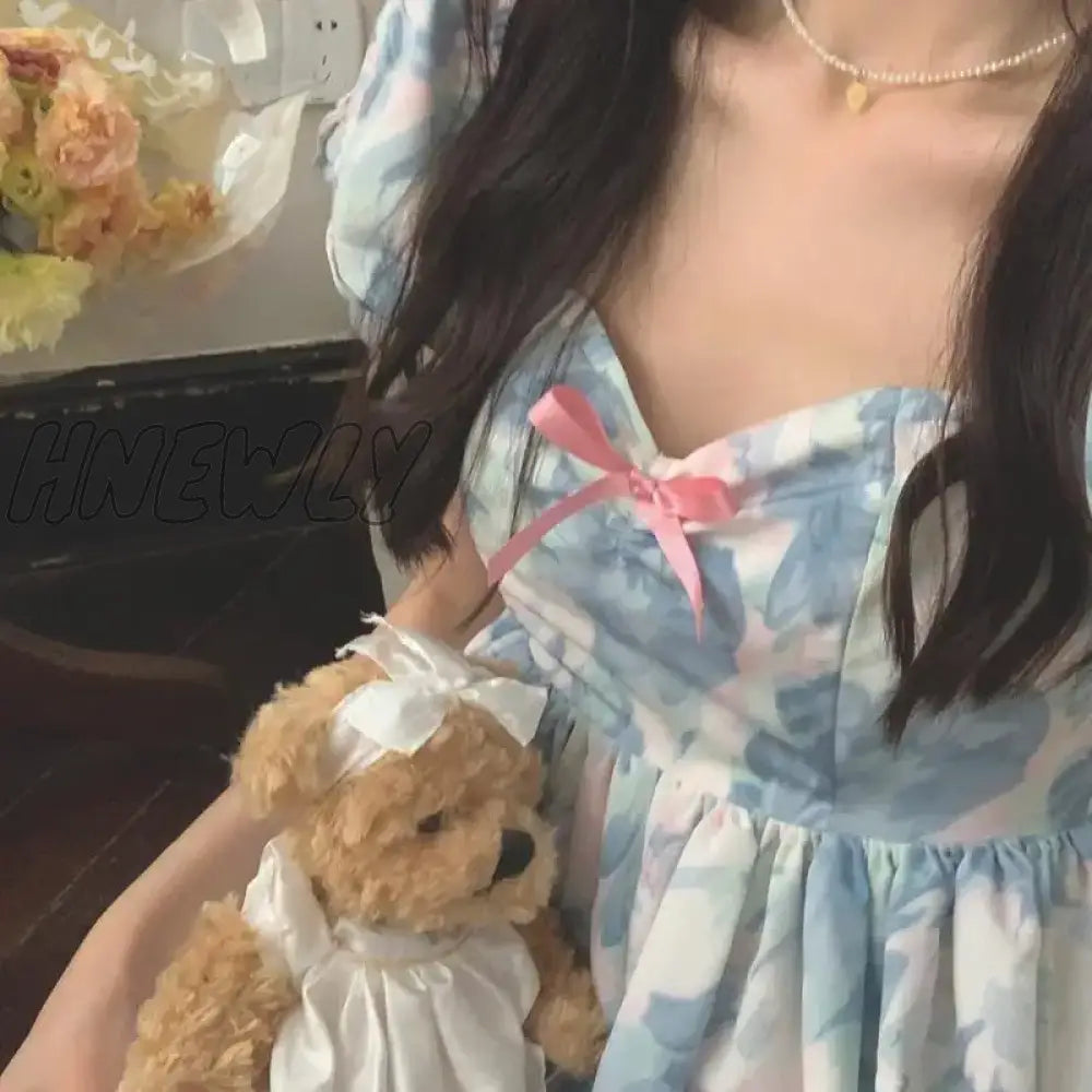 Hnewly Summer Cute Sweet Puff Sleeve Lolita A Line Mini Dresses For Women Tie Dye One Word Collar