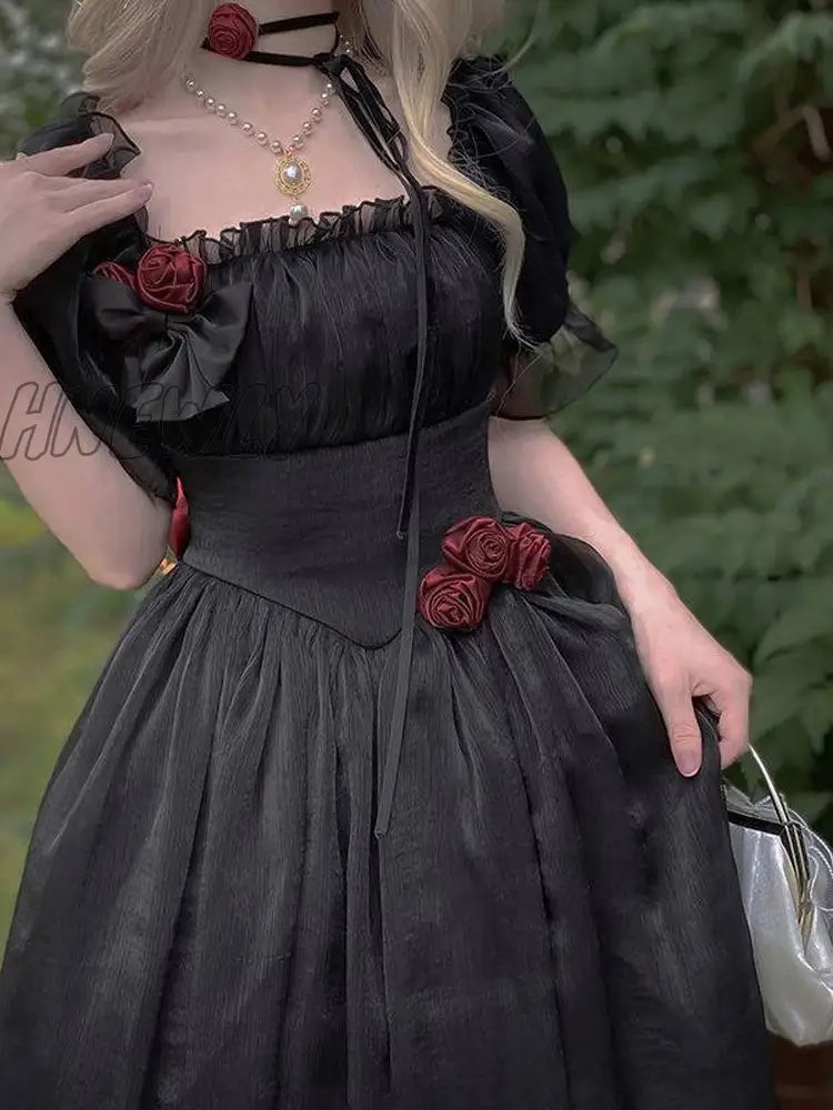 Hnewly Summer Dress France Fairy Sweet Dress Women Vintage Evening Party Midi Dresses Casual
