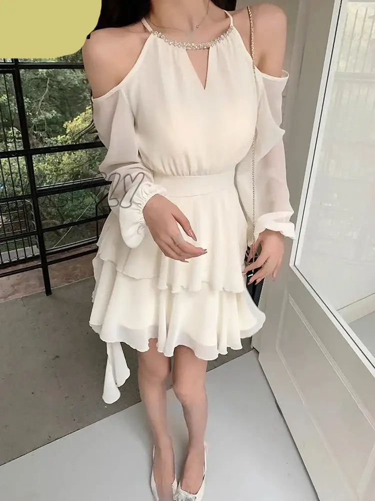 Hnewly Summer Elegant Chiffon Mini Dress Women Long Sleeve Even Party Dresses Office Lady One Piece