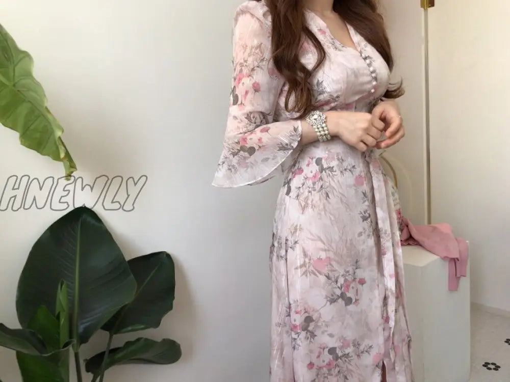 Hnewly Summer Elegant Small Floral Women Dress Was Thin V-Neck Lace-Up Maxi Dresses Waist Puff