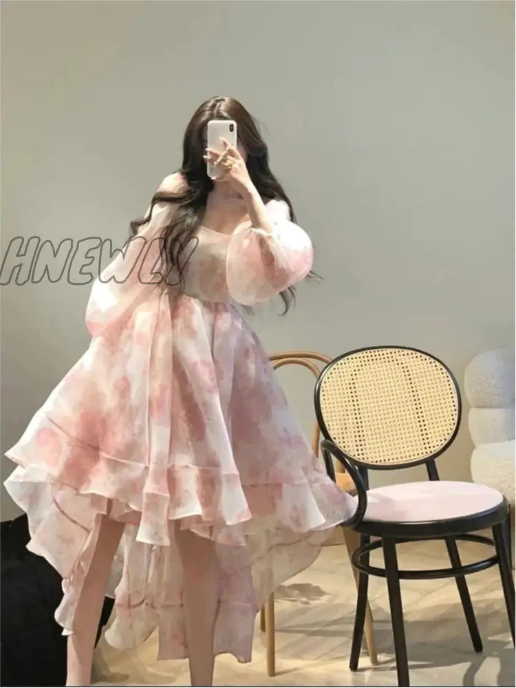 Hnewly Summer Fairy Princess Puff Sleeve Long-Sleeved Party Dress Temperament Fashionable Mesh