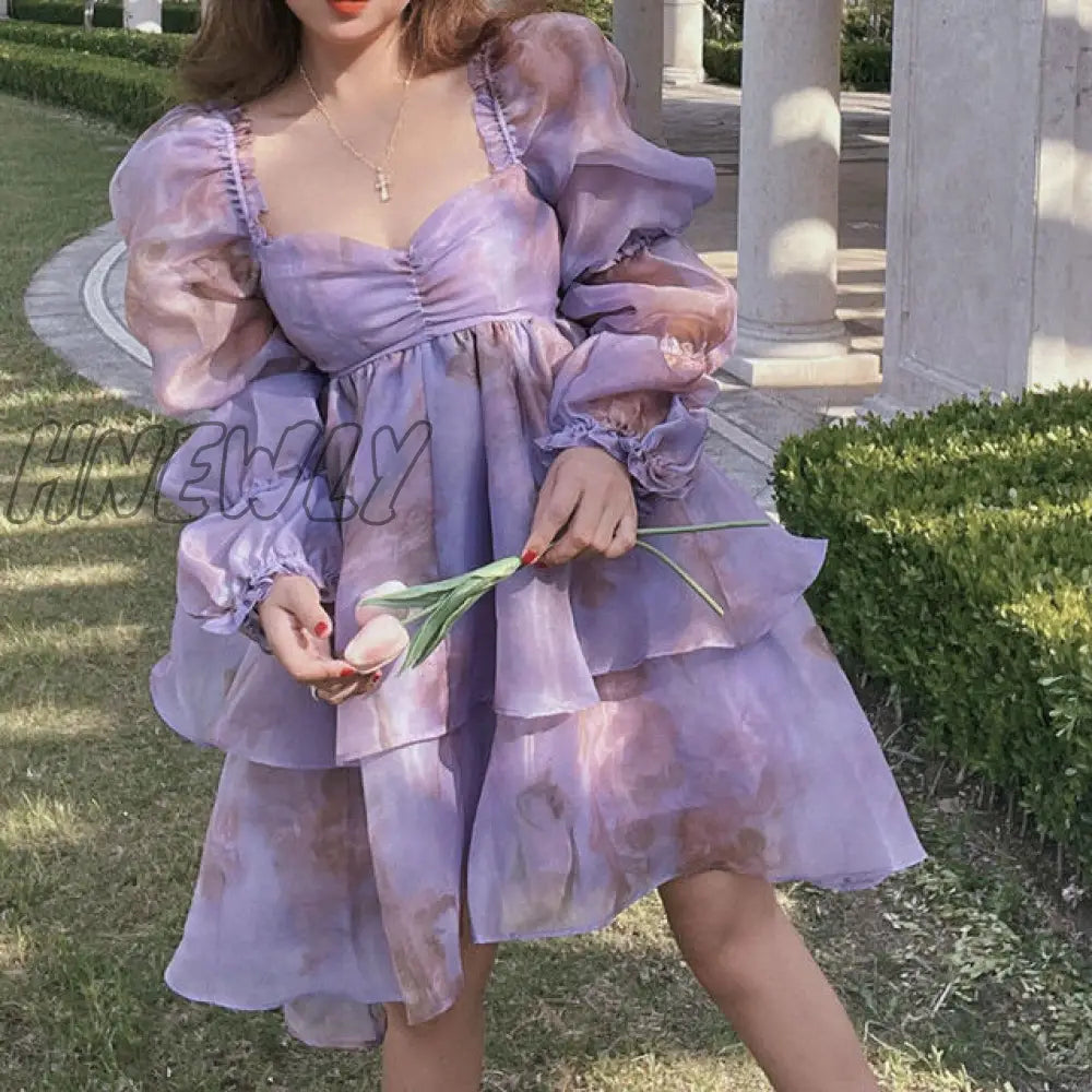 Hnewly Summer Fairy Princess Puff Sleeve Long-Sleeved Party Dress Temperament Fashionable Mesh