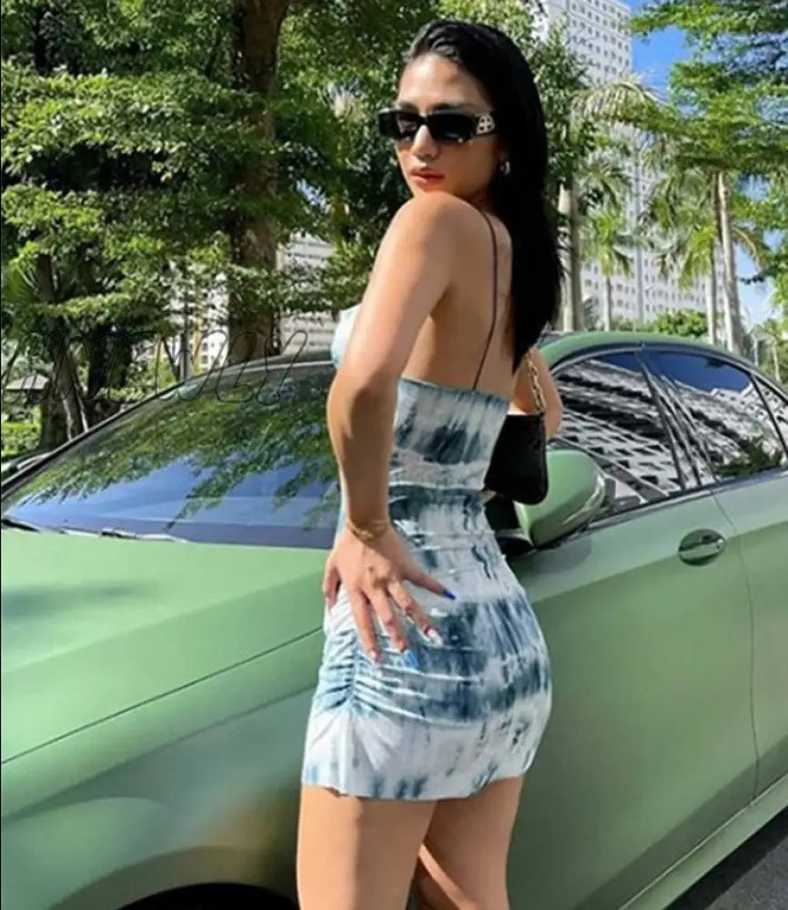 Hnewly Summer Fashion Knitting Sling Dress Women Sleeveless Sexy Side Drawstring Casual Printing