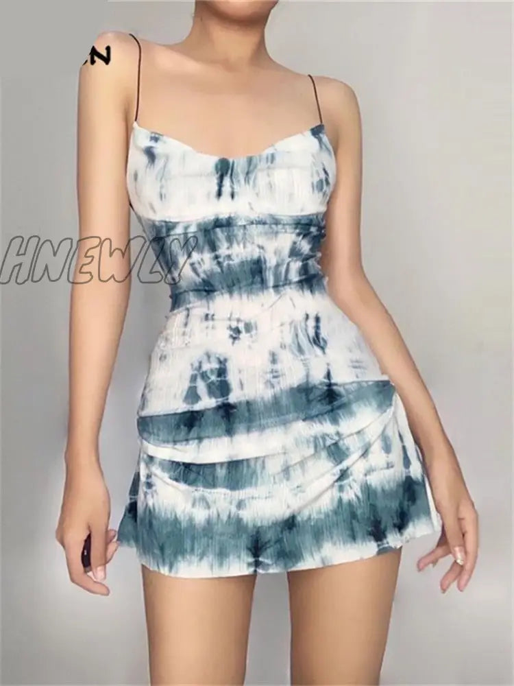 Hnewly Summer Fashion Knitting Sling Dress Women Sleeveless Sexy Side Drawstring Casual Printing